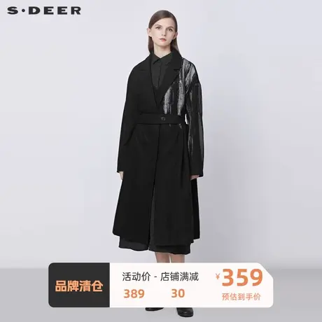 sdeer圣迪奥女装冬西装领撞色胶印收腰长款外套毛呢大衣S21481822商品大图