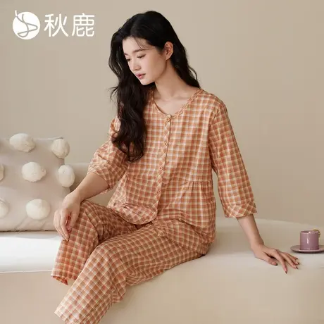 秋鹿优雅圆领显瘦柔软梭织纯棉睡衣女夏季七分袖九分裤格子家居服图片