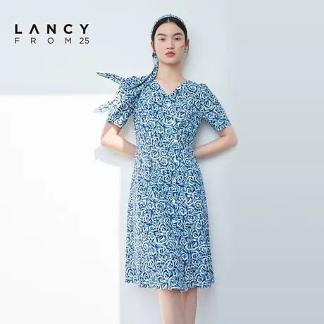 LANCY/朗姿2023夏季新款收腰显瘦短袖连衣裙女V领中长款印花裙子图片