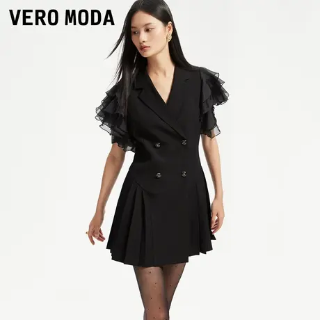 Vero Moda奥莱西装式连衣裙夏季新款荷叶边短袖双排扣百褶裙子图片