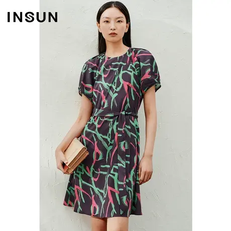 INSUN恩裳线上专选夏季天丝水墨印花泡泡袖连衣裙图片
