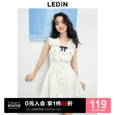 乐町海军风方形大翻领牛仔裙女2023年夏季新款通勤收腰无袖连衣裙图片