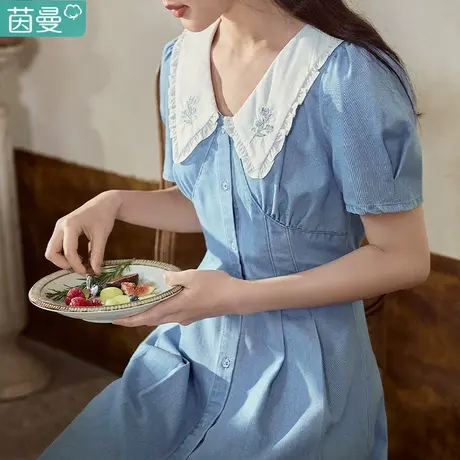 茵曼莱赛尔天丝娃娃领奶甜连衣裙女2023年夏季新款短袖a字牛仔裙图片
