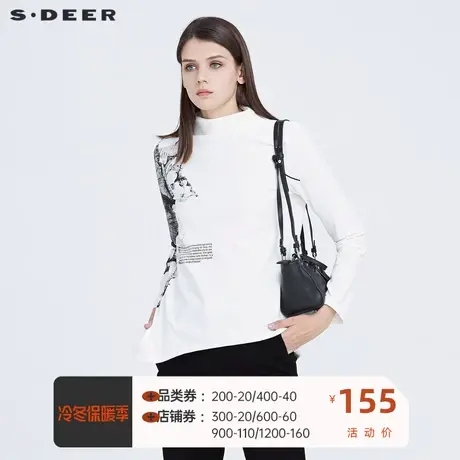 sdeer圣迪奥新品女装半高领水墨印花不规则长袖T恤S20480219图片