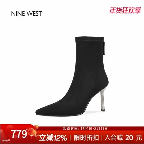 奥莱专供Nine West/玖熙法式复古尖头弹力瘦瘦靴袜靴冬高跟短靴女商品大图