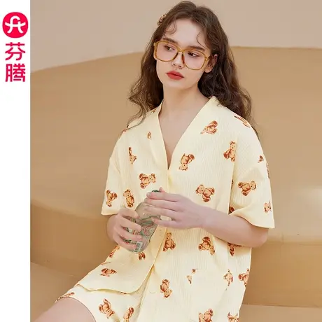 芬腾睡衣女纯棉短袖夏季V领开衫韩版甜美少女全棉休闲家居服套装图片