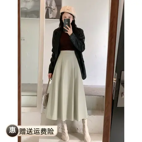 超火百搭松紧高腰皮裙女2023秋冬中长款伞裙a字半身裙PU大摆裙图片