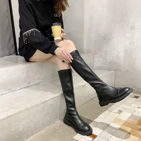 永希黑色不过膝长靴女款秋季2022年新款高筒靴法式粗跟显瘦骑士靴图片