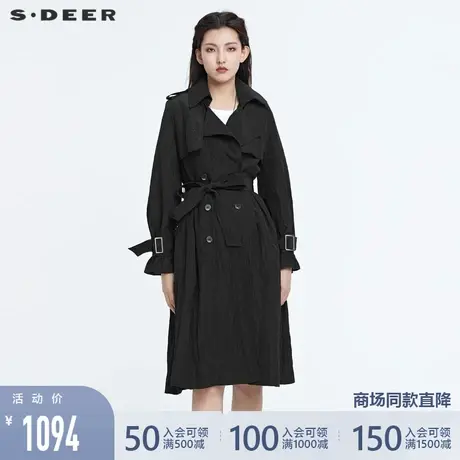sdeer圣迪奥22春夏新品西装领收腰双排扣中长款风衣外套S22181809图片