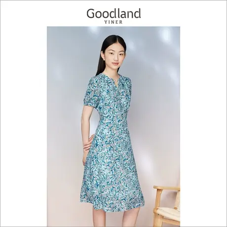 [真丝系列]Goodland美地女装2023夏季桑蚕丝度假风碎花连衣裙图片