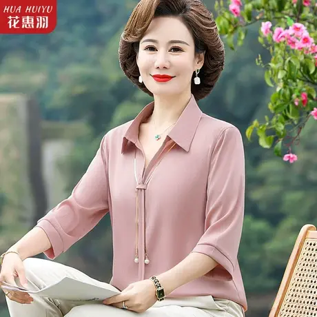 中年妈妈夏装上衣时尚翻领衬衫40岁50中老年女装洋气雪纺小衫衬衣图片