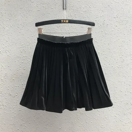 欧洲站23秋冬新款黑色金丝绒短裙女时尚百搭防走光高腰a字百褶裙图片