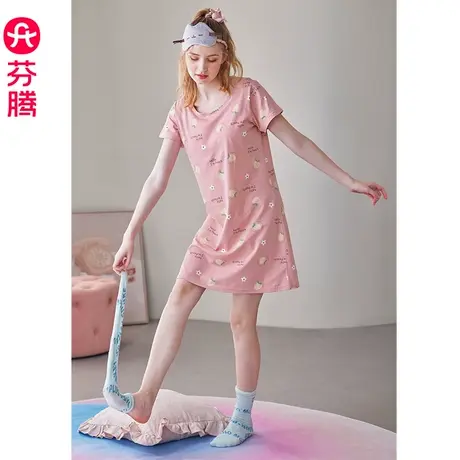 芬腾带胸垫睡裙女士卡通带杯垫睡衣夏季纯棉短袖薄款可外穿家居服图片