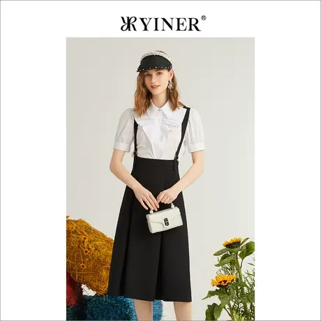 YINER音儿女装2022夏季黑色赫本风法式荷叶边吊带连衣裙图片