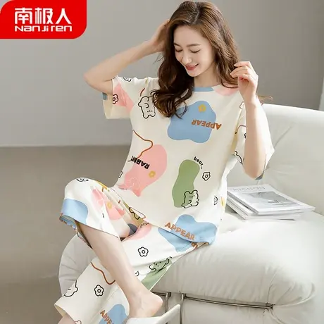 睡衣女款夏天夏款纯棉短袖七分裤布料女士套装薄款亮丽家居服夏季图片