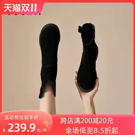 卓诗尼2023秋冬新款后拉链中筒靴时尚舒适女靴潮流百搭粗跟时装靴图片