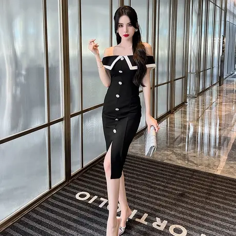法式一字肩连衣裙女夏季小众设计感气质赫本风修身显瘦包臀开叉裙图片