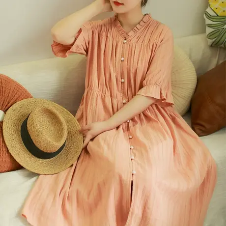 胖妹妹2025全棉木耳边V领长裙大码邻家女孩花朵袖连衣裙图片