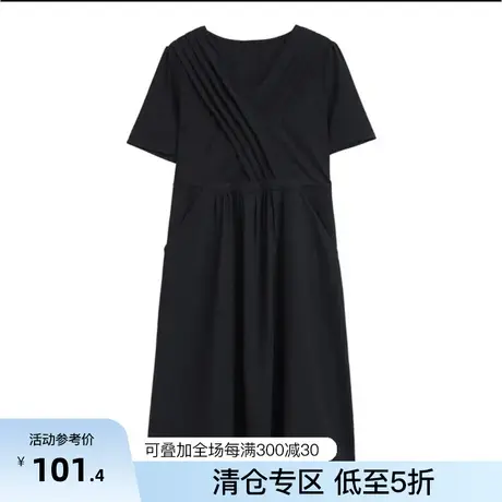 木棉林V领短袖纯色连衣裙宽松遮肚显瘦简约大气飘逸优雅显气质裙图片