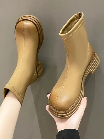 网红粗跟厚底瘦瘦靴女款2023秋季新款后拉链增高百搭显腿长马丁靴商品大图
