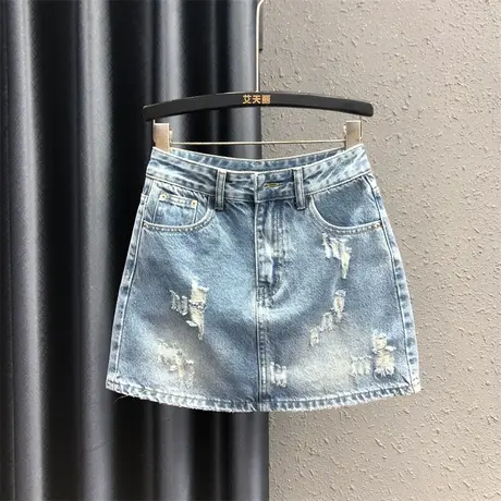 韩版破洞牛仔半身裙女2025夏季新款时尚风百搭高腰显瘦包臀裙短裙图片