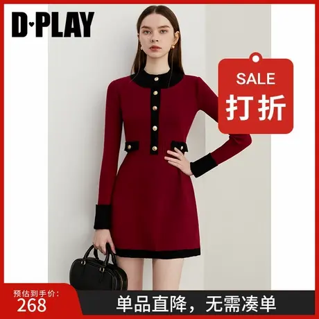 DPLAY2025秋季新款休闲红色拼色圆领针织显瘦长袖短款连衣裙女图片