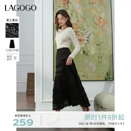 LAGOGO黑色蕾丝拼接松紧腰半身裙女拉谷谷2025年秋季新款中长裙子图片