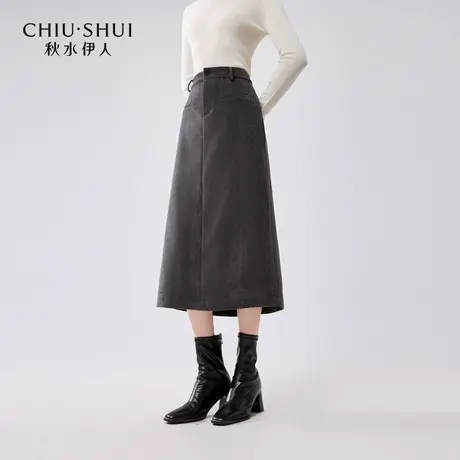 秋水伊人气质百搭灰色半身裙2024年冬装新款女直筒显瘦开叉中长裙图片