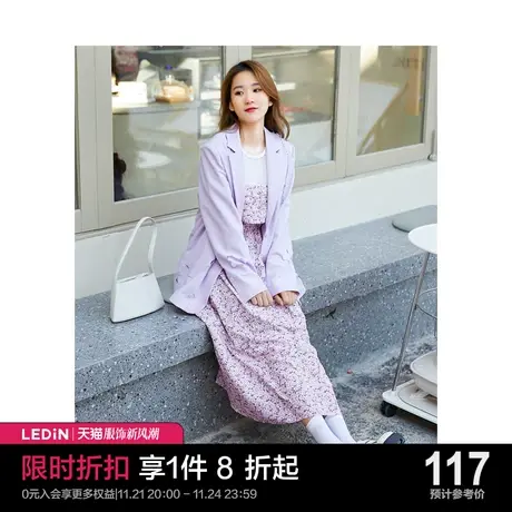 乐町假两件系带连衣裙休闲春夏新款紫碎花C5FAC1301图片