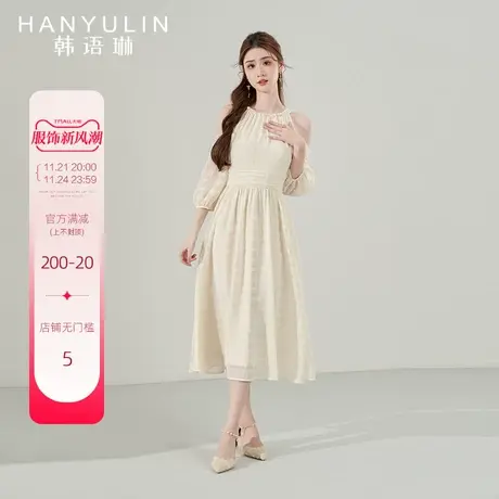 韩语琳早秋长袖连衣裙女2024新款高级感气质收腰显瘦春秋挂脖裙子图片