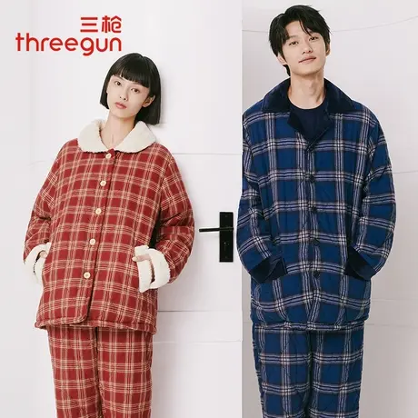 三枪睡衣女2022年新款冬季加绒加厚双层夹棉翻领格子家居服套装男图片