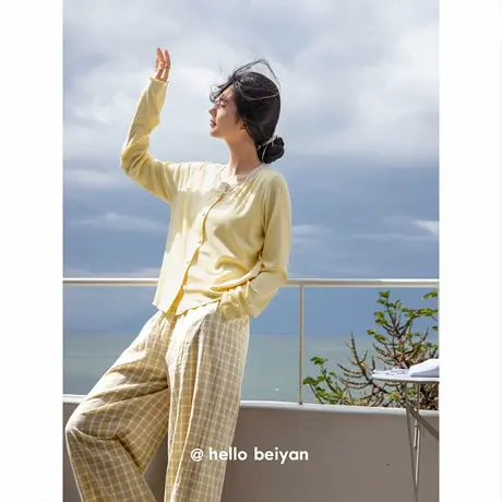 贝妍新款睡衣女春秋季柔软棉长袖家居服甜美显白设计感假两件套装图片