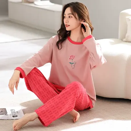 婷美春秋季纯棉睡衣女套头圆领长袖简约时尚外出家居服套装秋冬款图片