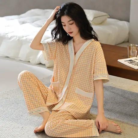 婷美2024年新款睡衣女士夏季纯棉短袖长裤开衫薄款韩系家居服套装图片