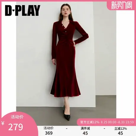 DPLAY冬季新款法式红色裙子修身气质独特长款丝绒连衣裙女图片