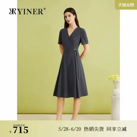 YINER音儿女装专选女装夏季法式优雅时尚V领系带收腰连衣裙图片