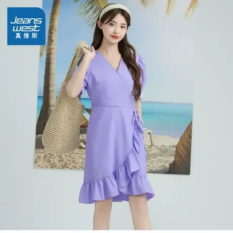SP真维斯女装裙子2025春季新款V领显瘦不规则设计感收腰连衣裙女图片