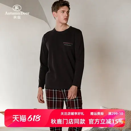 秋鹿【清仓仅剩大码】格子裤春秋男士长袖圆领睡衣套装全棉家居服图片
