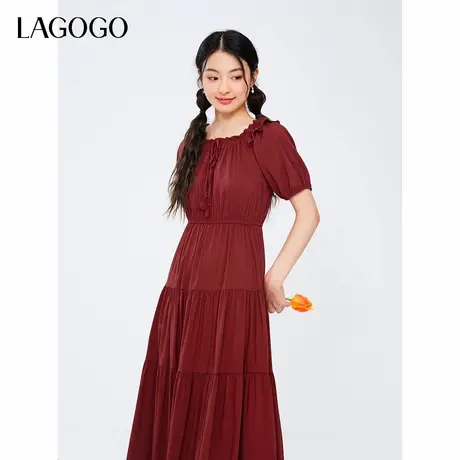LAGOGO多巴胺红色连衣裙女拉谷谷夏季新款仙气高腰复古A字中长裙图片