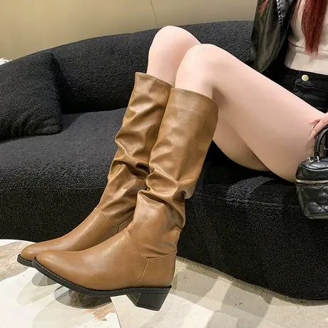 今年流行的靴子女2023新款爆款不过膝骑士靴小个子西部牛仔中筒靴商品大图