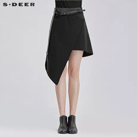 sdeer圣迪奥秋装酷感拼贴铆钉皮带装饰不规则摆半身裙女S16381357图片