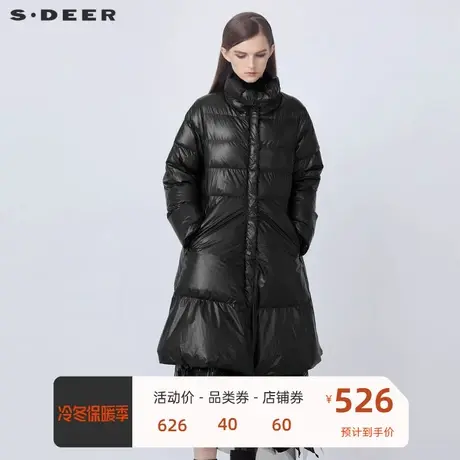 sdeer圣迪奥女装时尚高领亮面宽松A字黑色长款羽绒服S21482406图片