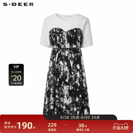 sdeer圣迪奥女装圆领晕染收腰撞色短袖连衣裙S242Z12M7图片