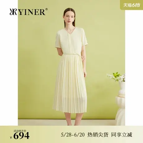 YINER音儿专选夏季法式V领系带收褶收腰百褶优雅连衣裙图片