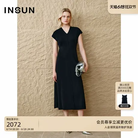 INSUN恩裳2025夏季V领气质匹马棉A字连衣裙图片