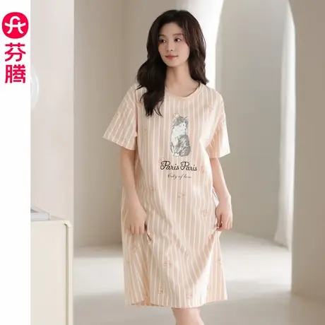 芬腾睡裙女夏季短袖薄款睡衣女款休闲可外穿夏天条纹可爱连衣裙子图片