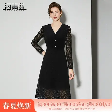 海青蓝优雅高级感V领黑色蕾丝连衣裙女2025春装新款修身显瘦裙子图片