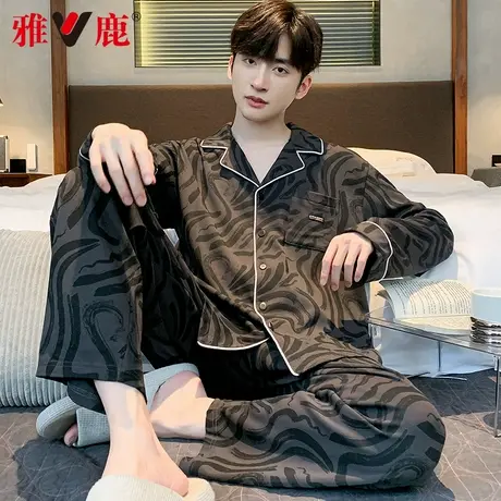 雅鹿睡衣男春秋季2025新款纯棉长袖开衫长裤休闲可外穿潮酷家居服图片
