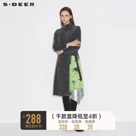 sdeer圣迪奥女装时尚立领撞色印花灯芯绒收腰长款风衣S21381827图片