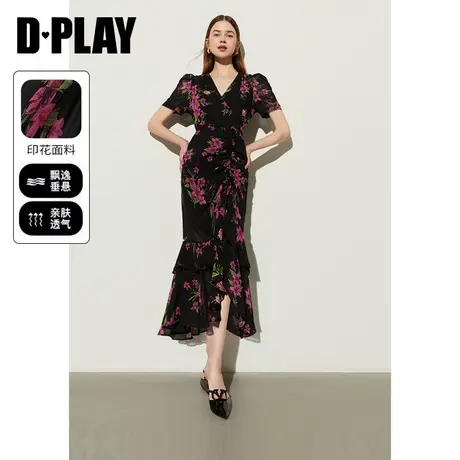 DPLAY2024夏季新款海边度假黑色印花荷叶边茶歇雪纺裙连衣裙图片